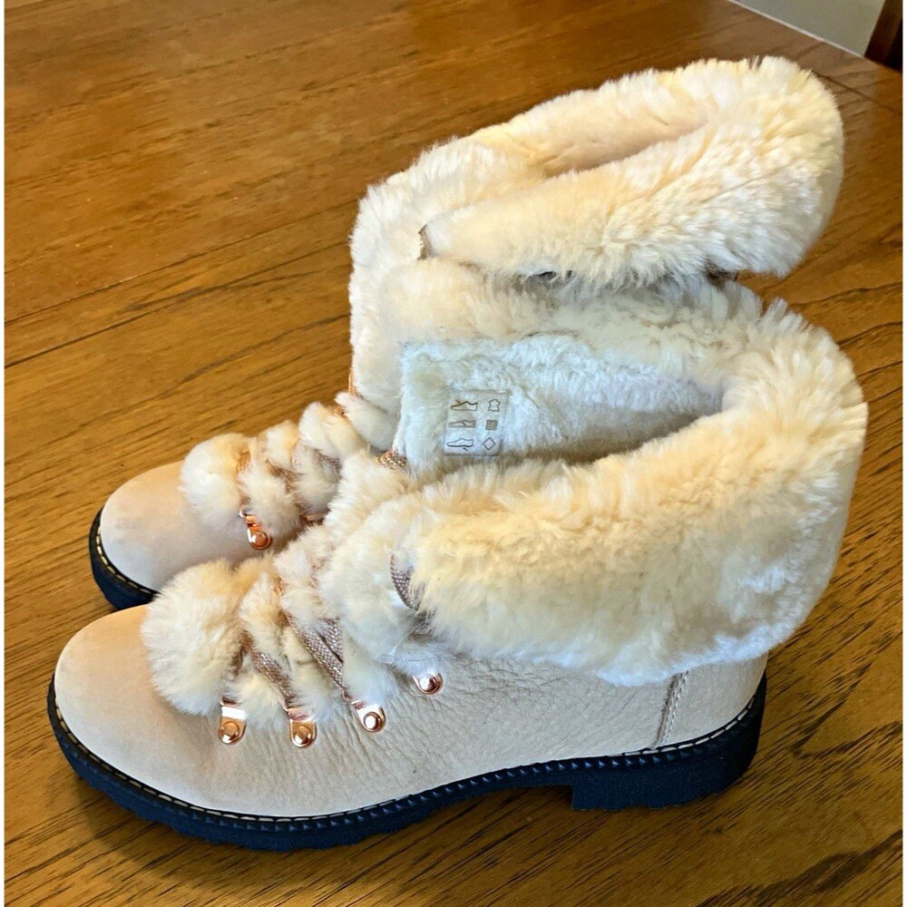 J.CREW Women’s Beige Suede Faux Fur Lined Lace-Up Ankle Bootie Round Toe 10